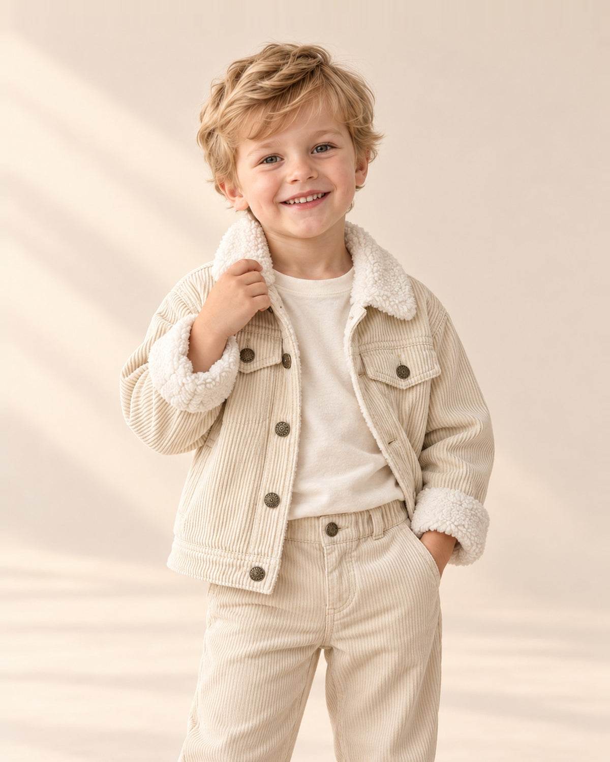 Close-up of the cream corduroy trucker jacket with a fluffy sherpa collar – Cream