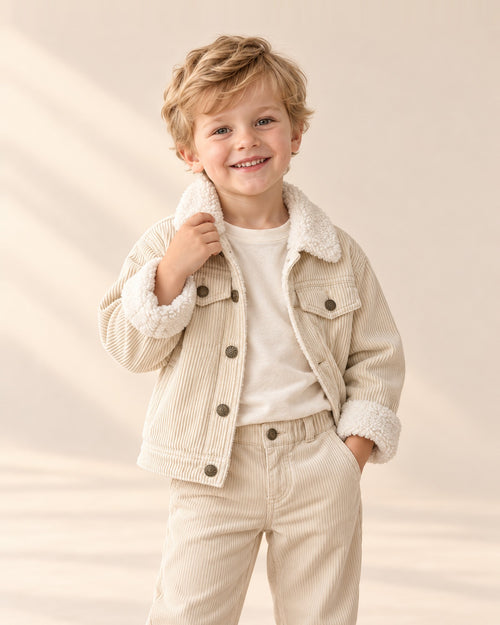 Close-up of the cream corduroy trucker jacket with a fluffy sherpa collar – Cream