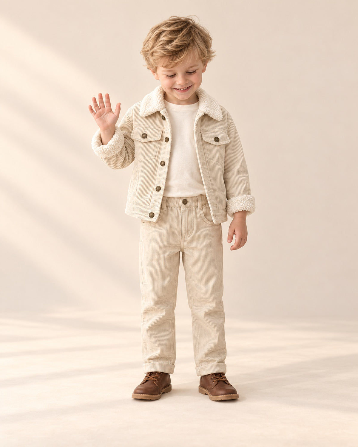 Front view of a boy in the cream corduroy sherpa jacket worn open with cream corduroy pants, full length – Cream