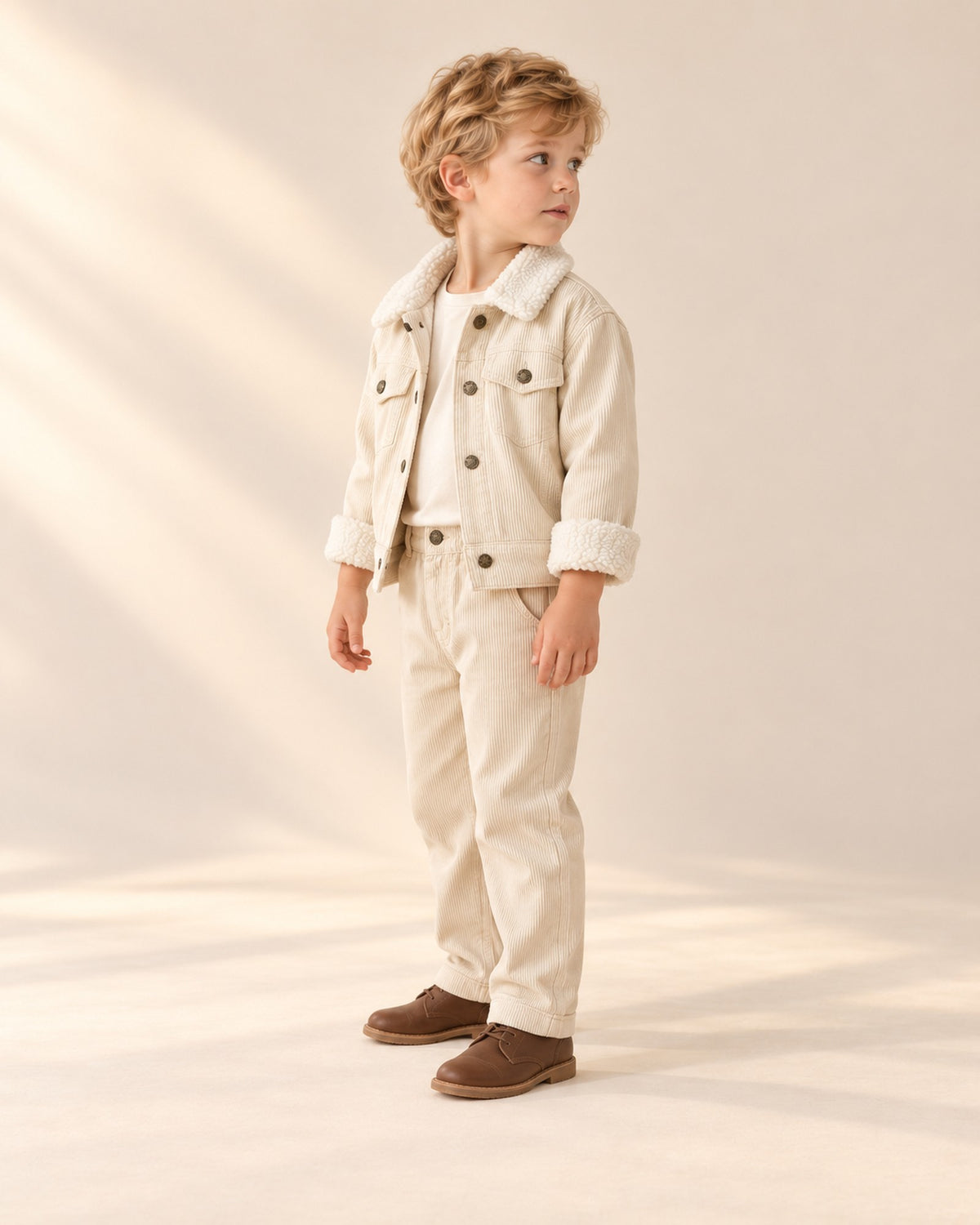 Side view of the corduroy jacket showing the sherpa cuffs and chest pocket – Cream