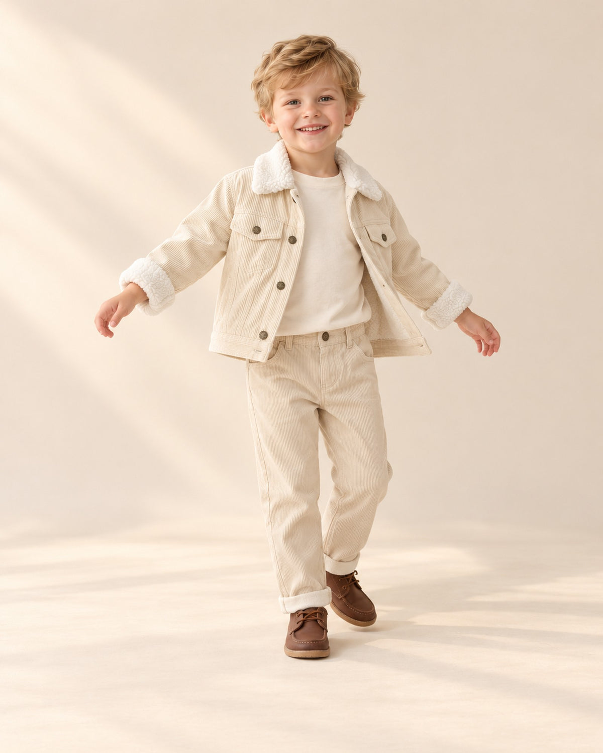 Boy walking in the cream corduroy jacket with his hands at his sides – Cream
