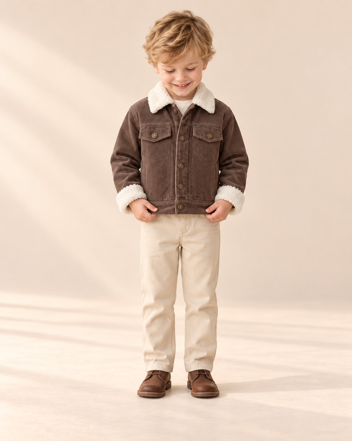 Augie Sherpa Collar Corduroy Jacket in Chocolate – full front view
