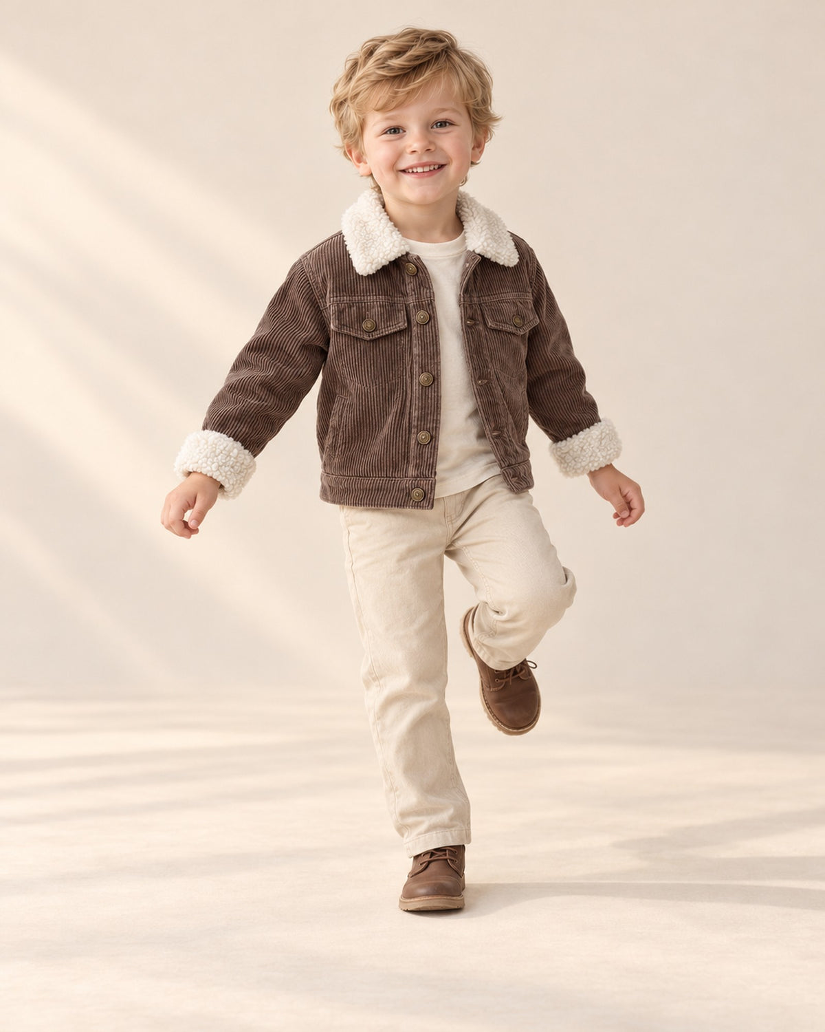 Augie Sherpa Collar Corduroy Jacket in Chocolate – natural pose