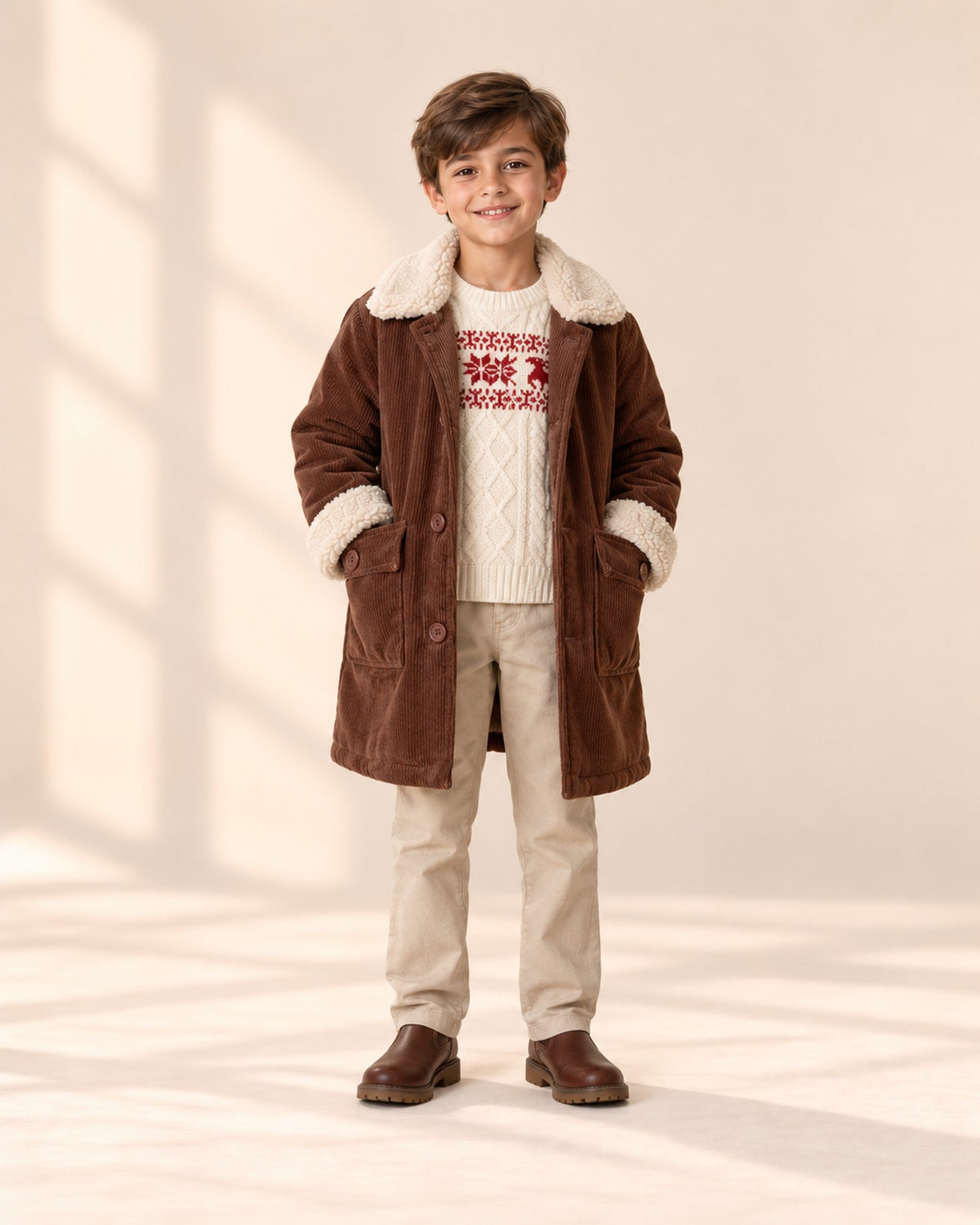 Full-length front view of the corduroy sherpa collar coat, paired with the Nordic reindeer sweater – Chocolate Brown