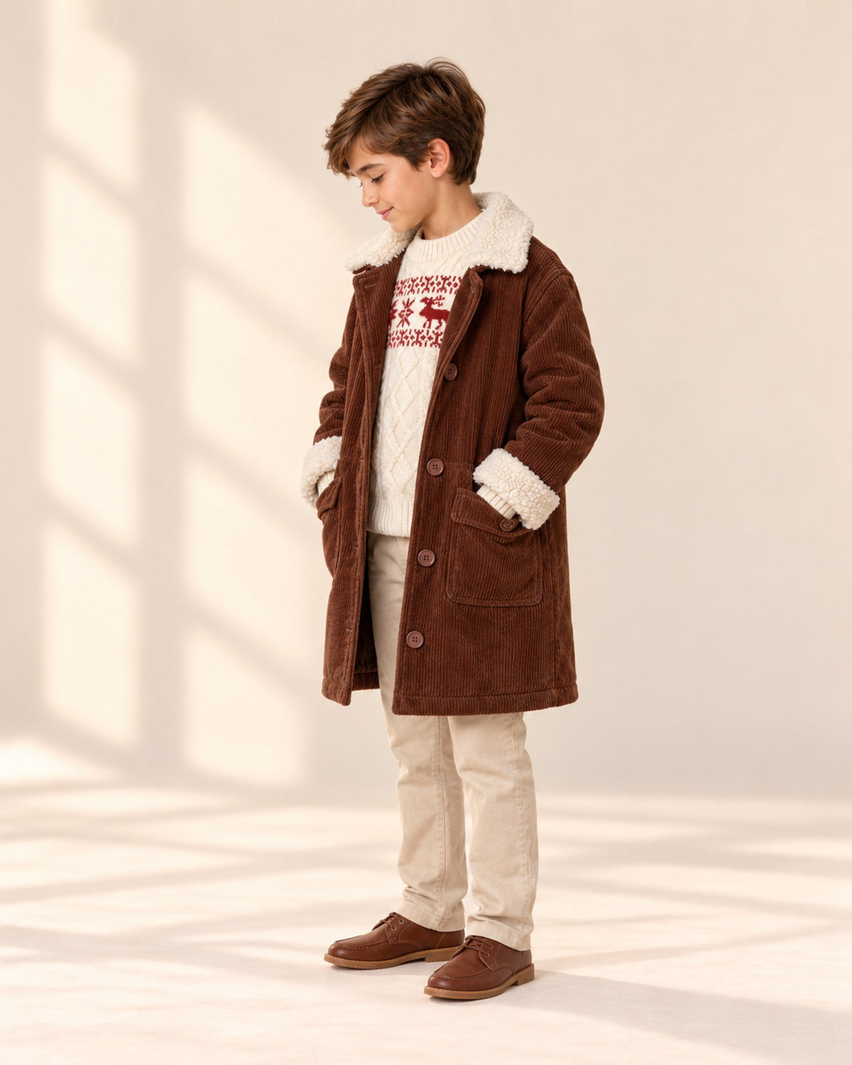 Side view of the chocolate corduroy coat worn with the Nordic reindeer sweater – Chocolate Brown