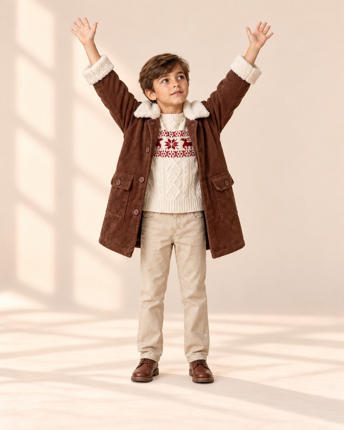 Boy at play in the chocolate corduroy coat, styled with the Nordic reindeer sweater – Chocolate Brown