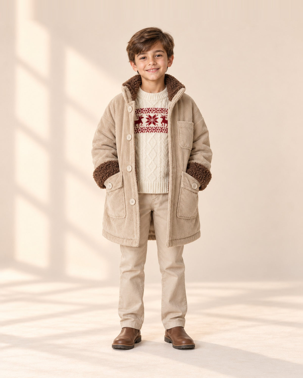Winston Corduroy Sherpa Coat in Light Khaki – full front view