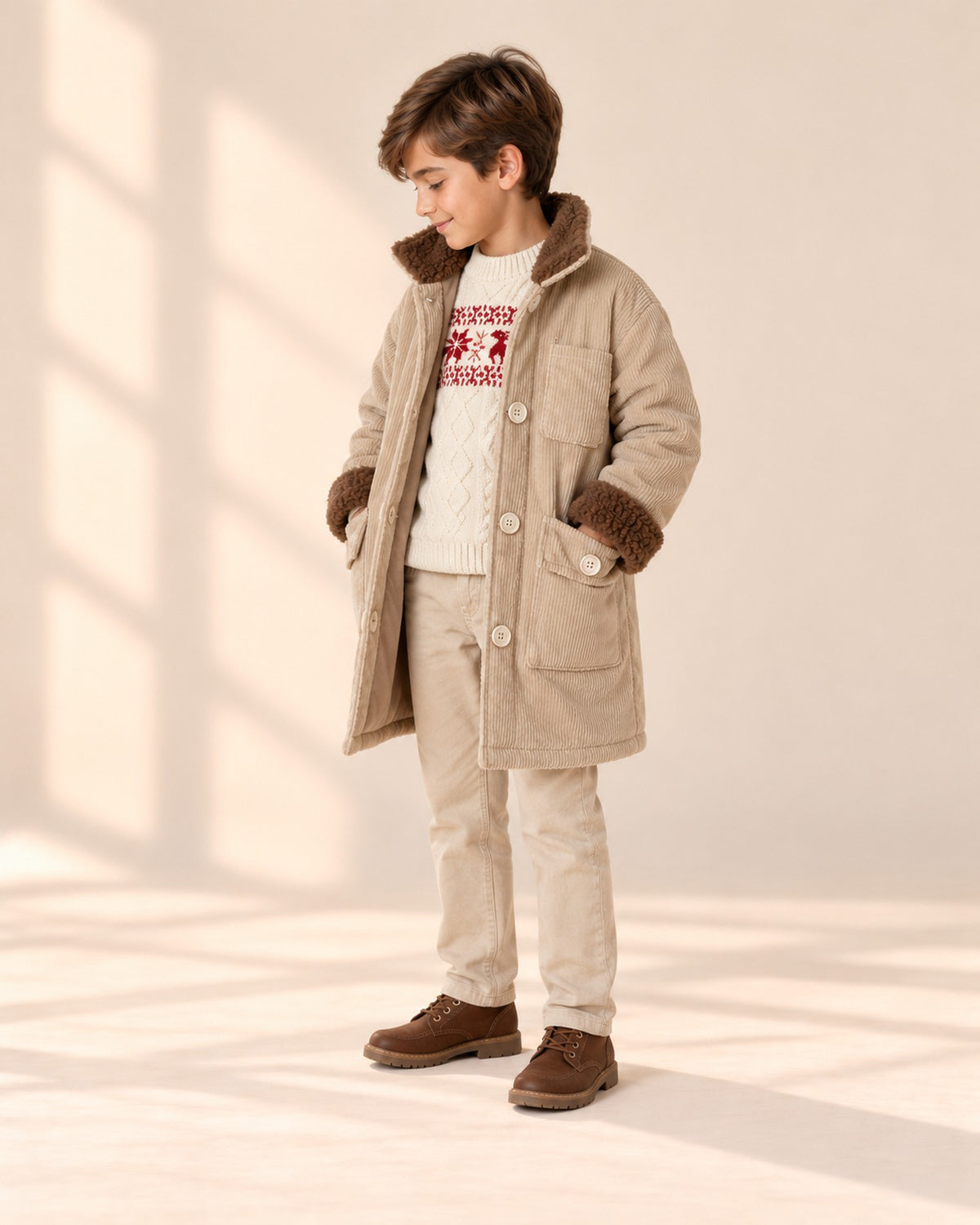 Winston Corduroy Sherpa Coat in Light Khaki – side view