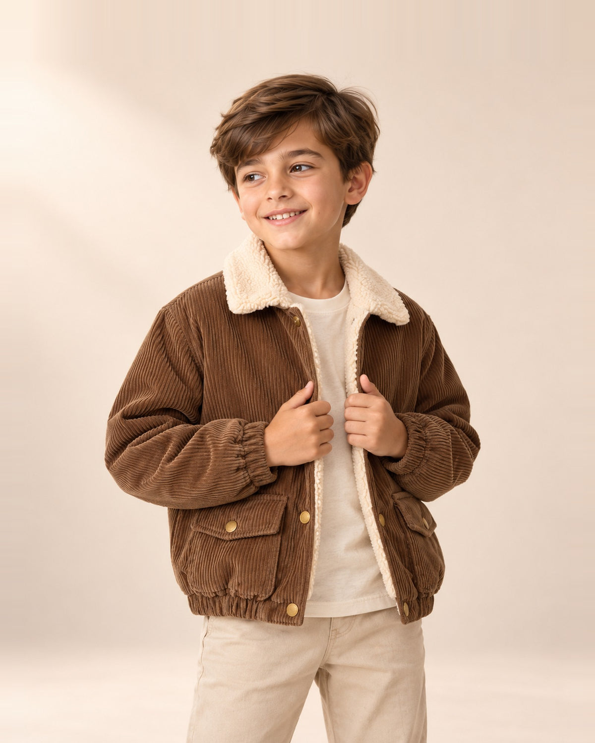 Boy in the Jasper brown corduroy bomber with a cream sherpa collar – Brown