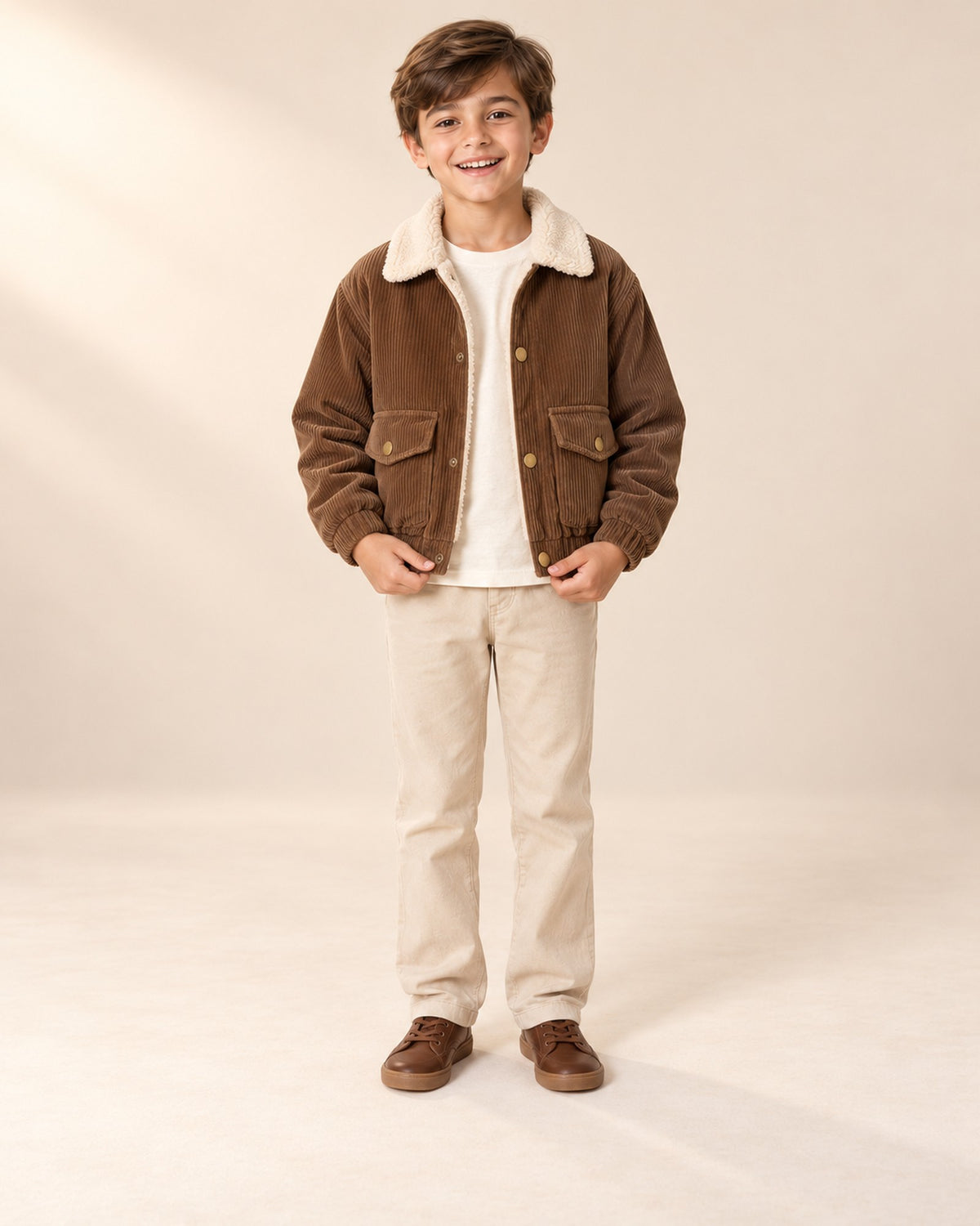 Front view of the brown corduroy sherpa bomber, full length – Brown