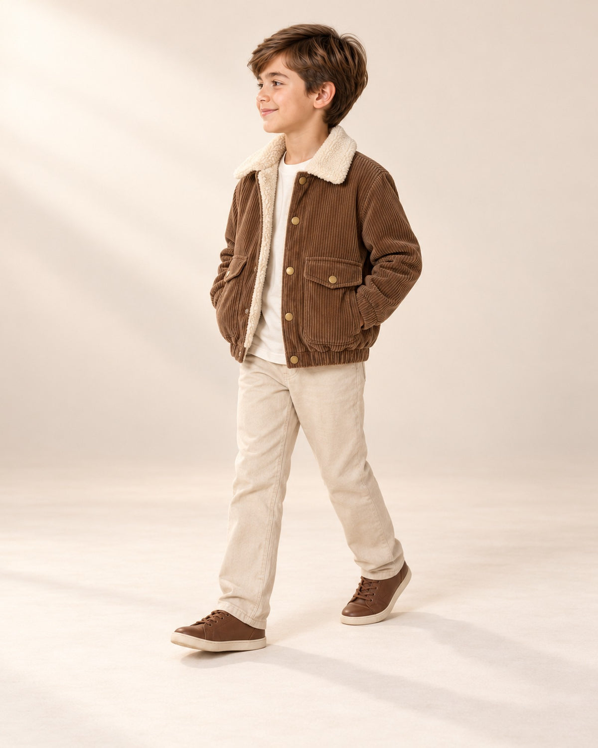 Side view of the bomber jacket with flap pockets and gathered hem – Brown