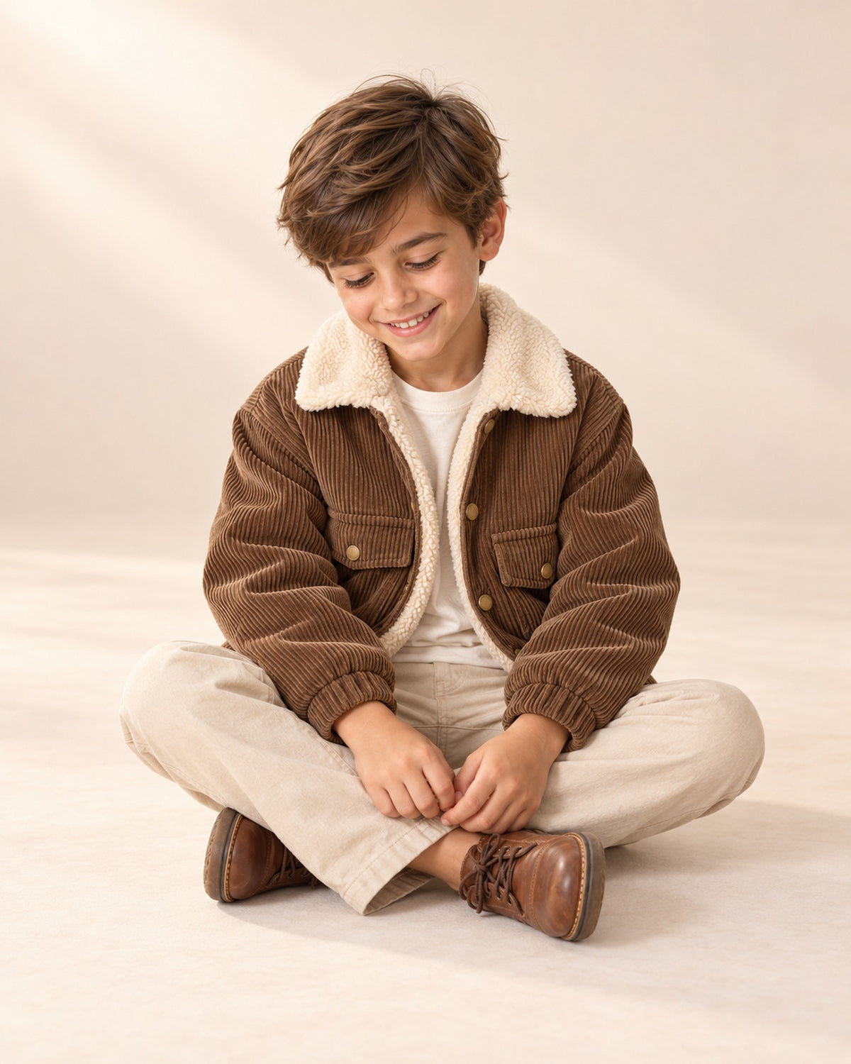 Boy sitting cross-legged in the brown corduroy bomber jacket – Brown