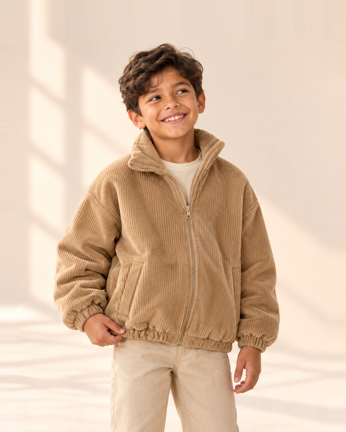 Boy smiling in the Rupert camel corduroy zip jacket – Camel