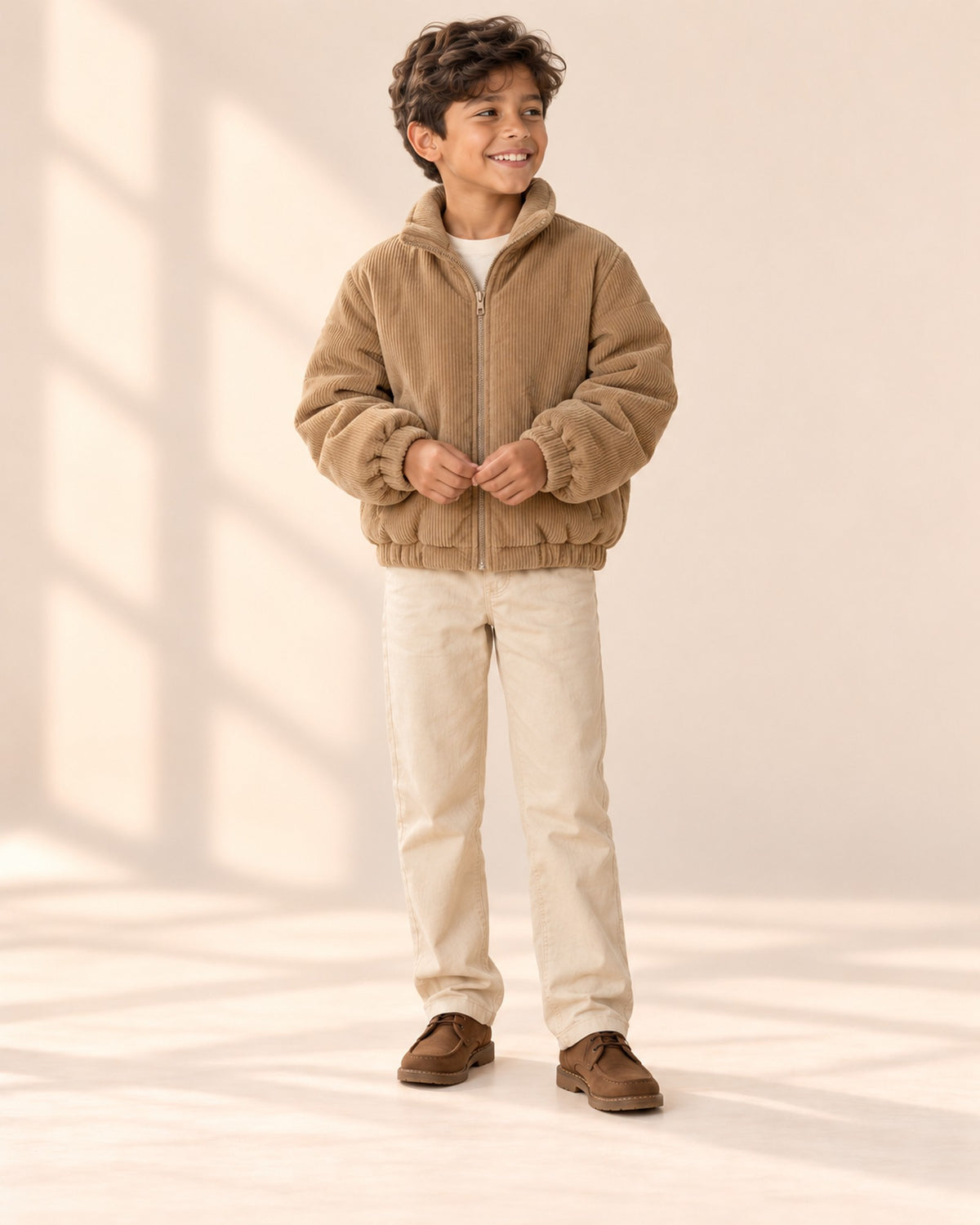 Front view of the camel corduroy jacket with stand-up collar, full length – Camel