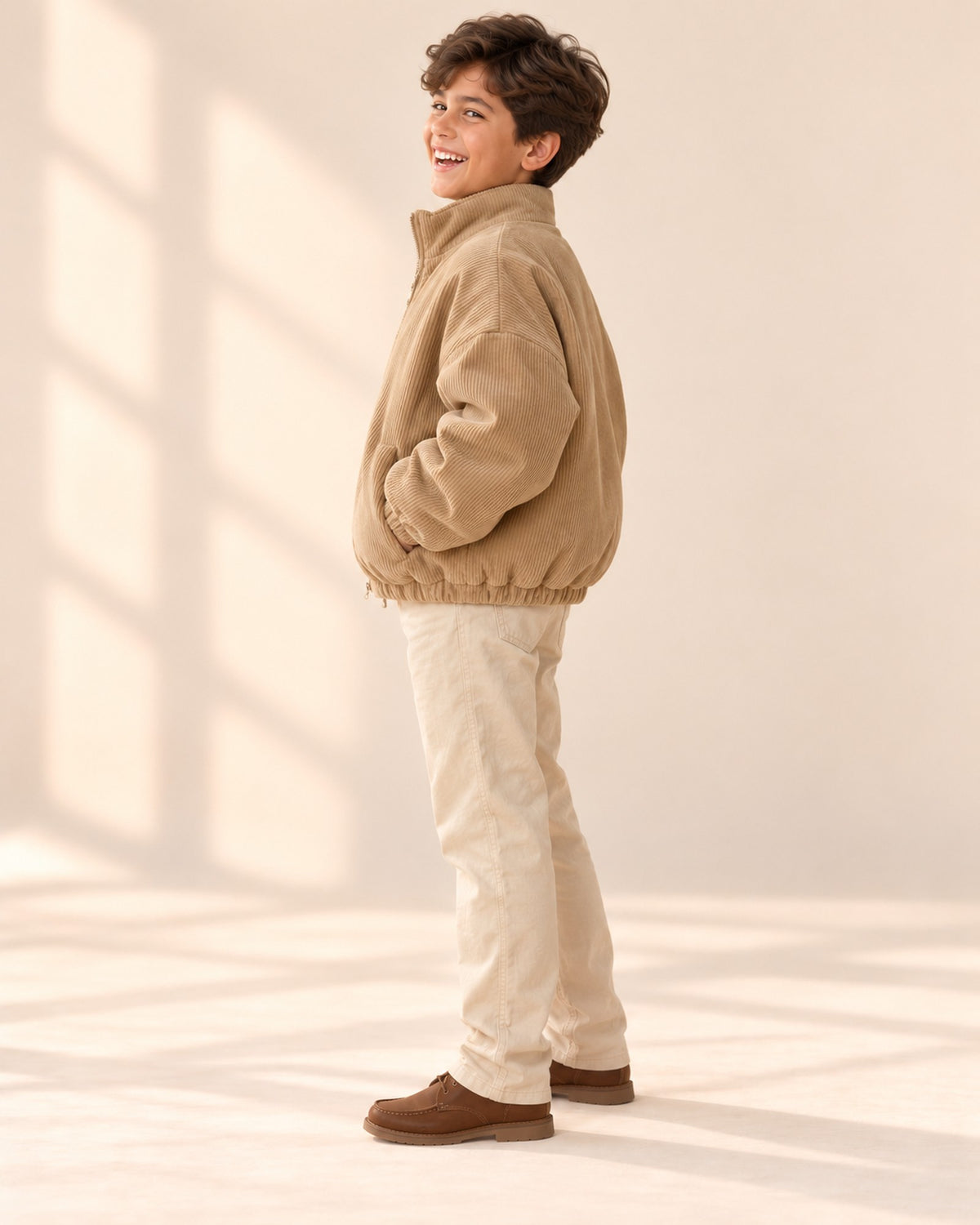 Side view of the camel jacket with gathered hem – Camel