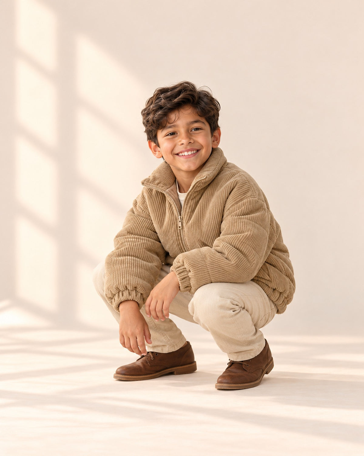 Boy crouching and smiling in the camel corduroy jacket – Camel
