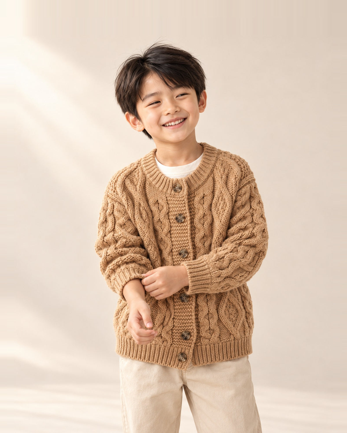 Boy in the Oscar camel chunky cable-knit cardigan – Camel
