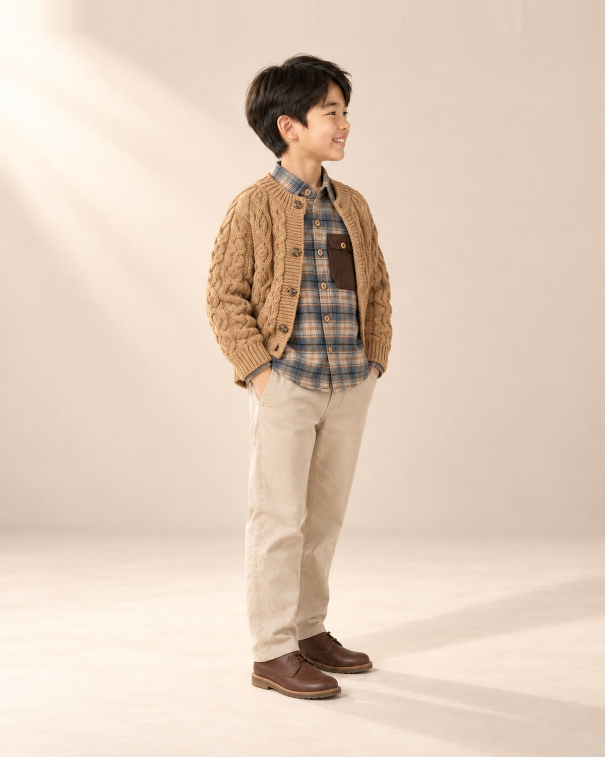 Side view of the camel cable cardigan worn with the plaid flannel shirt with cord pocket – Camel