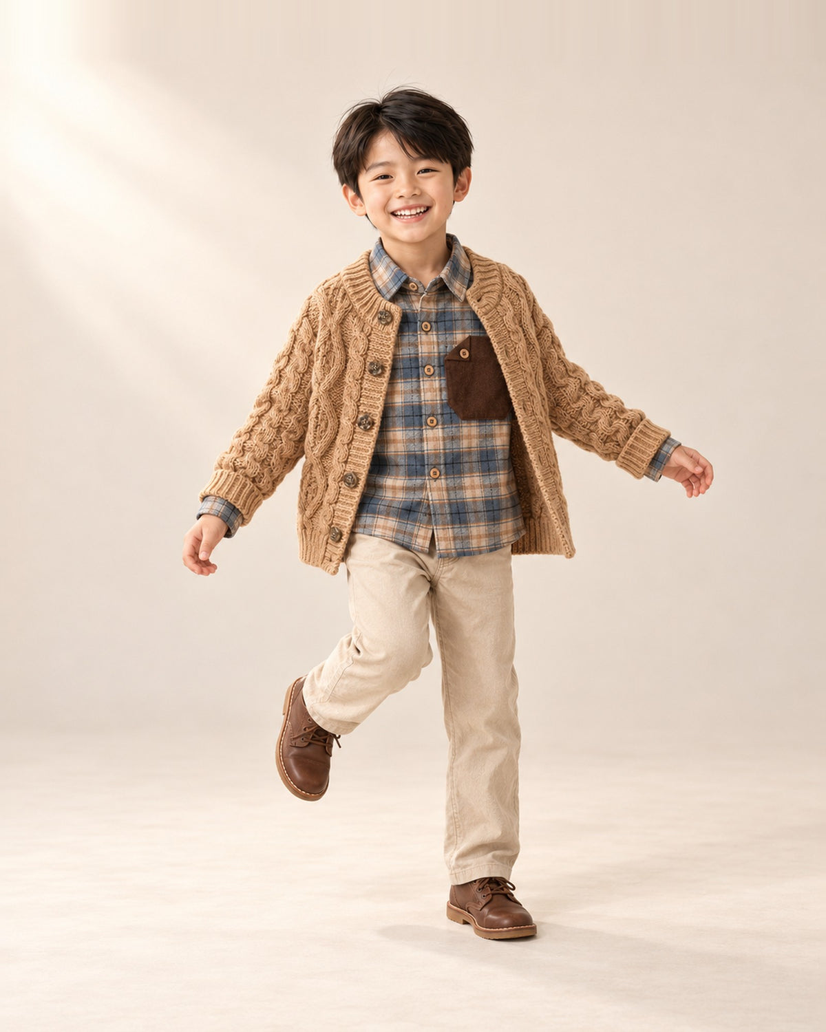 Boy at play in the camel cable cardigan, styled with the plaid flannel shirt with cord pocket – Camel