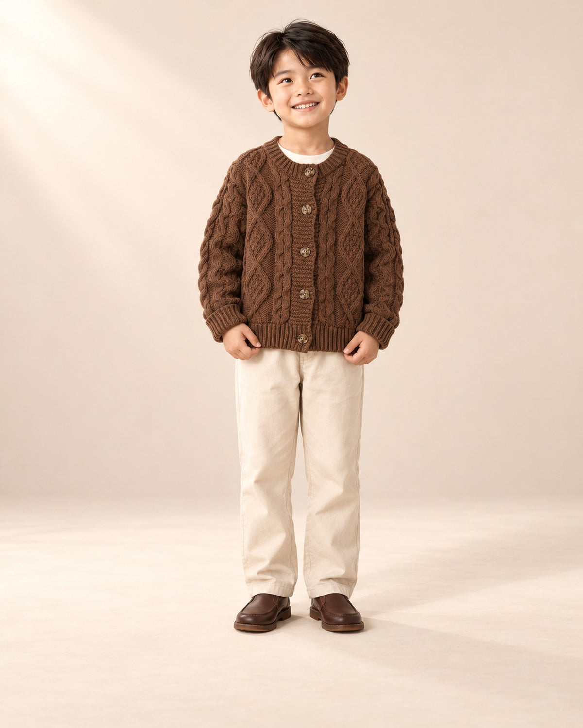 Oscar Chunky Cable Cardigan in Chocolate – full front view
