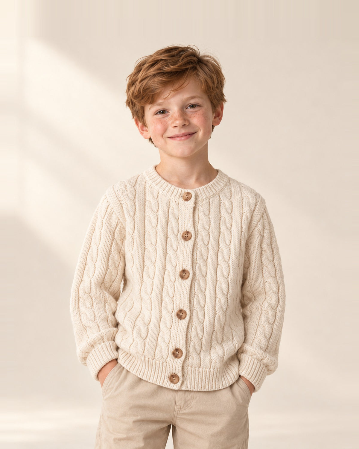 Boy with hands in pockets wearing the Arthur cream cable knit cardigan – Cream