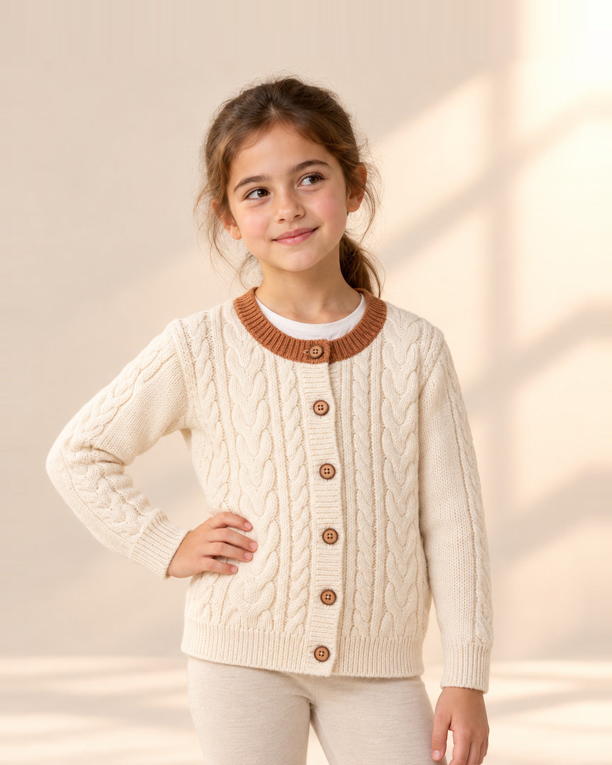 Girl with a hand on her hip in the Harriet cream cardigan with rust collar – Cream