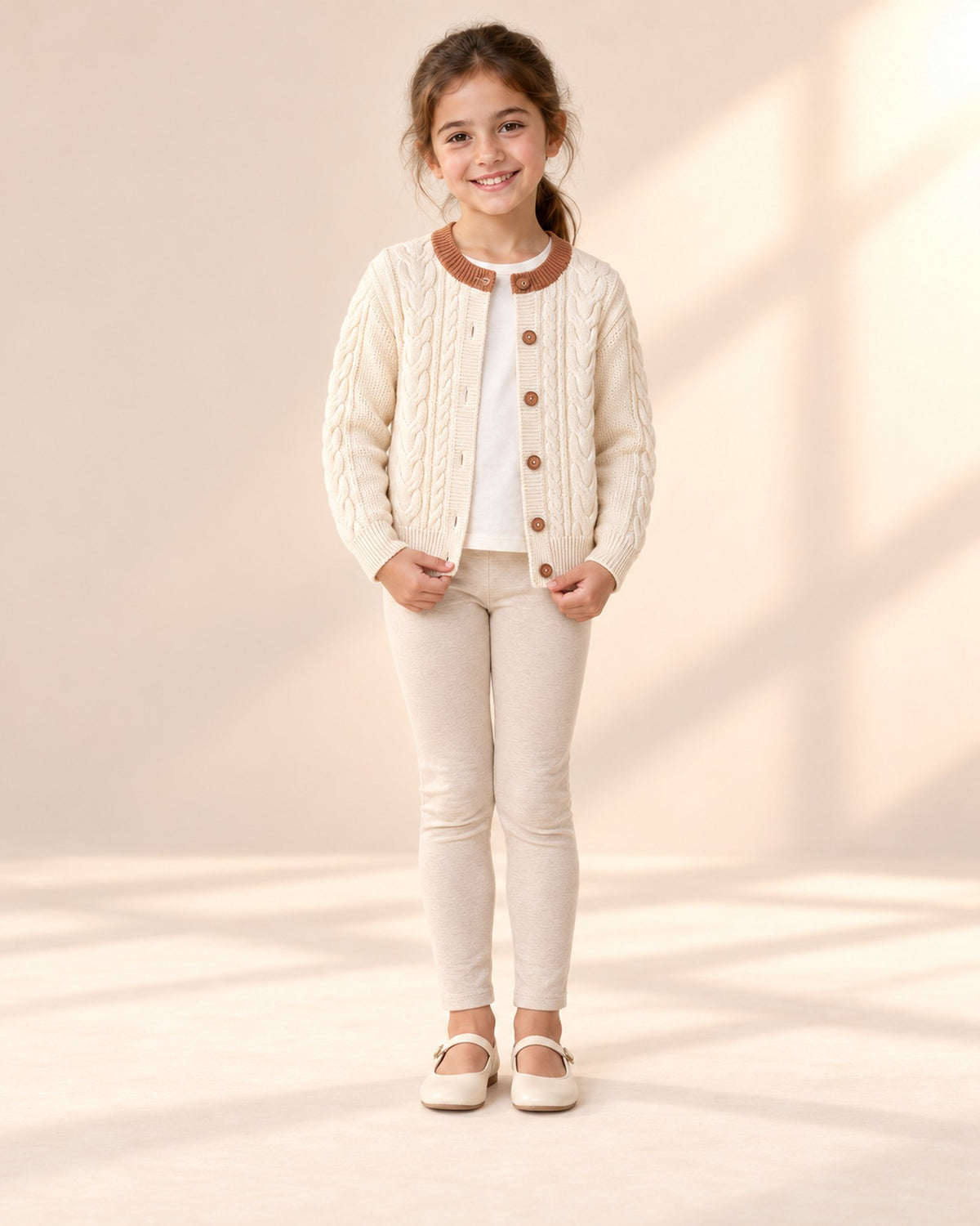 Front view of the cream cable cardigan with rust collar, full length – Cream