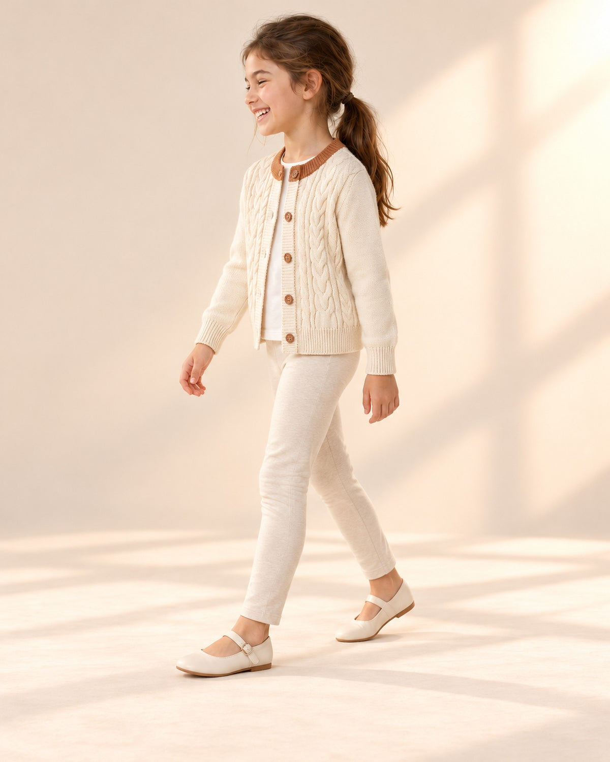 Side view of the cardigan while walking – Cream