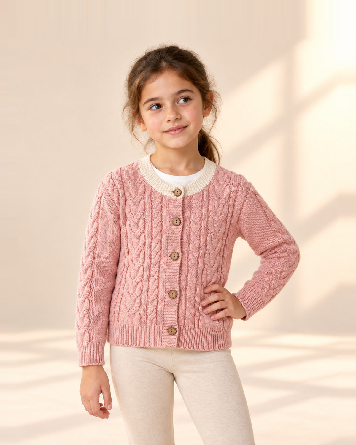 Harriet Cable Cardigan with Contrast Collar in Soft Pink – main