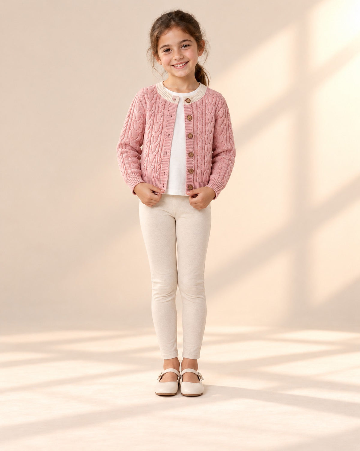 Harriet Cable Cardigan with Contrast Collar in Soft Pink – full front view