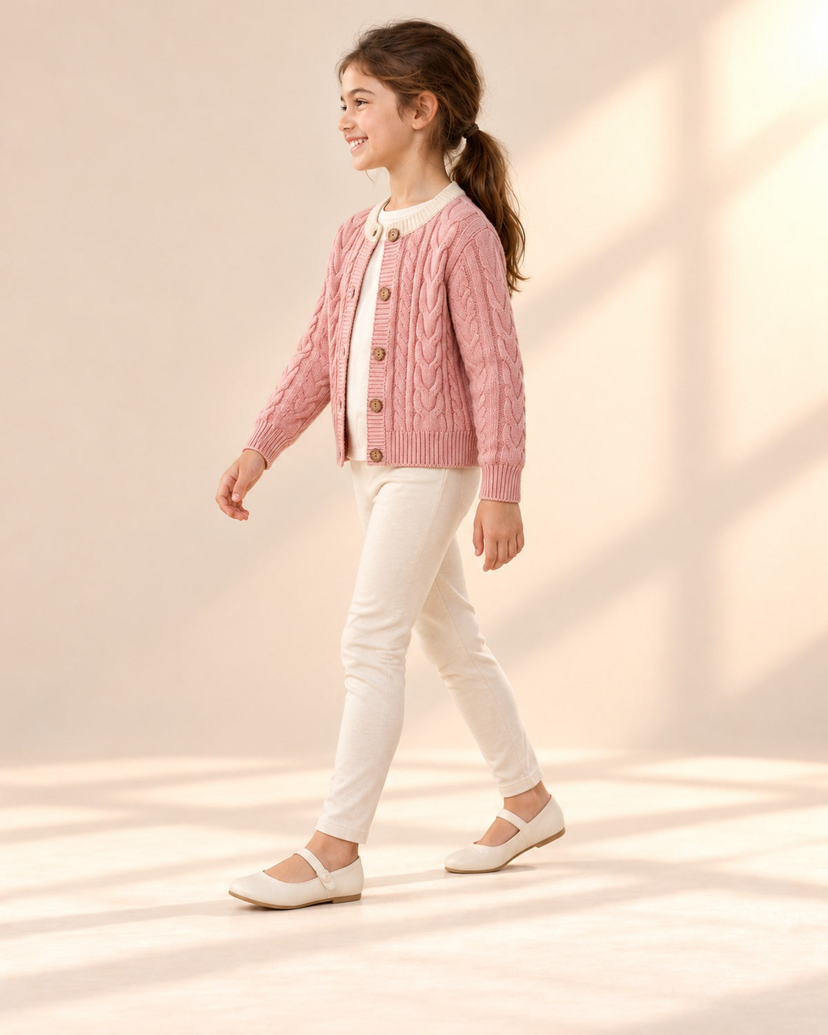 Harriet Cable Cardigan with Contrast Collar in Soft Pink – side view