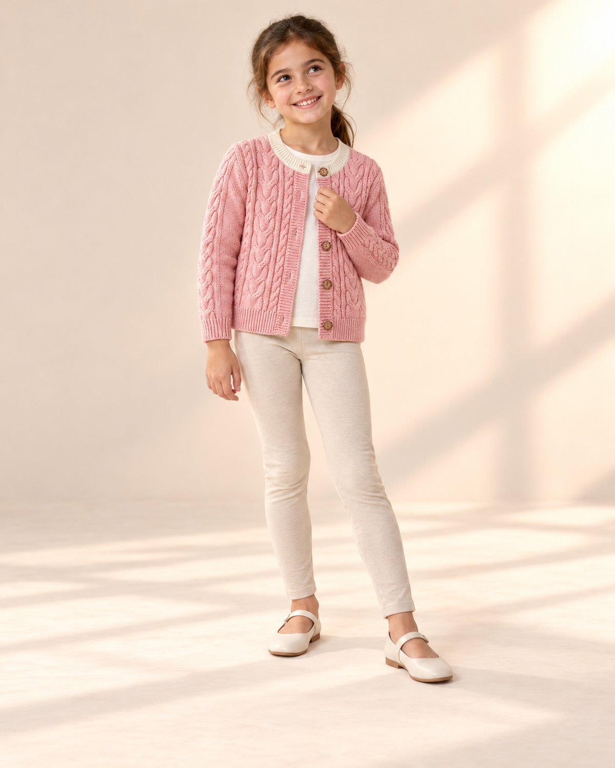 Harriet Cable Cardigan with Contrast Collar in Soft Pink – natural pose