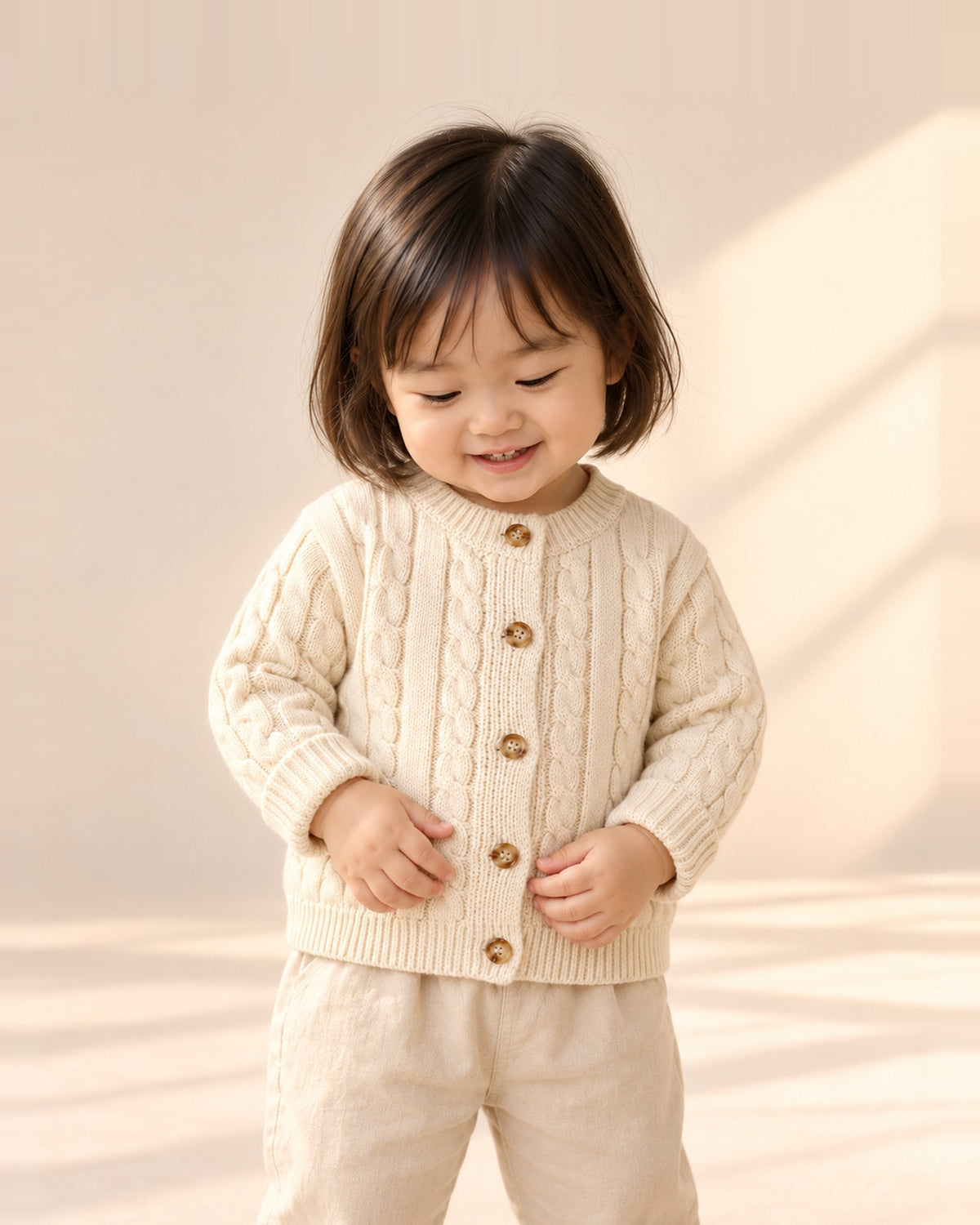 Cream cable knit baby cardigan with a row of brown buttons