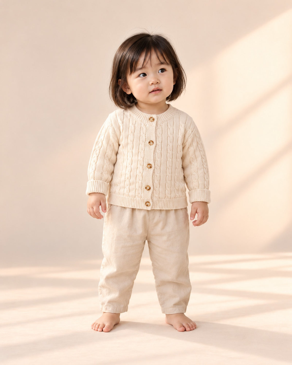 Front view of a baby in the open cream cable cardigan over a cream bodysuit with cream bloomer pants, full length – Cream