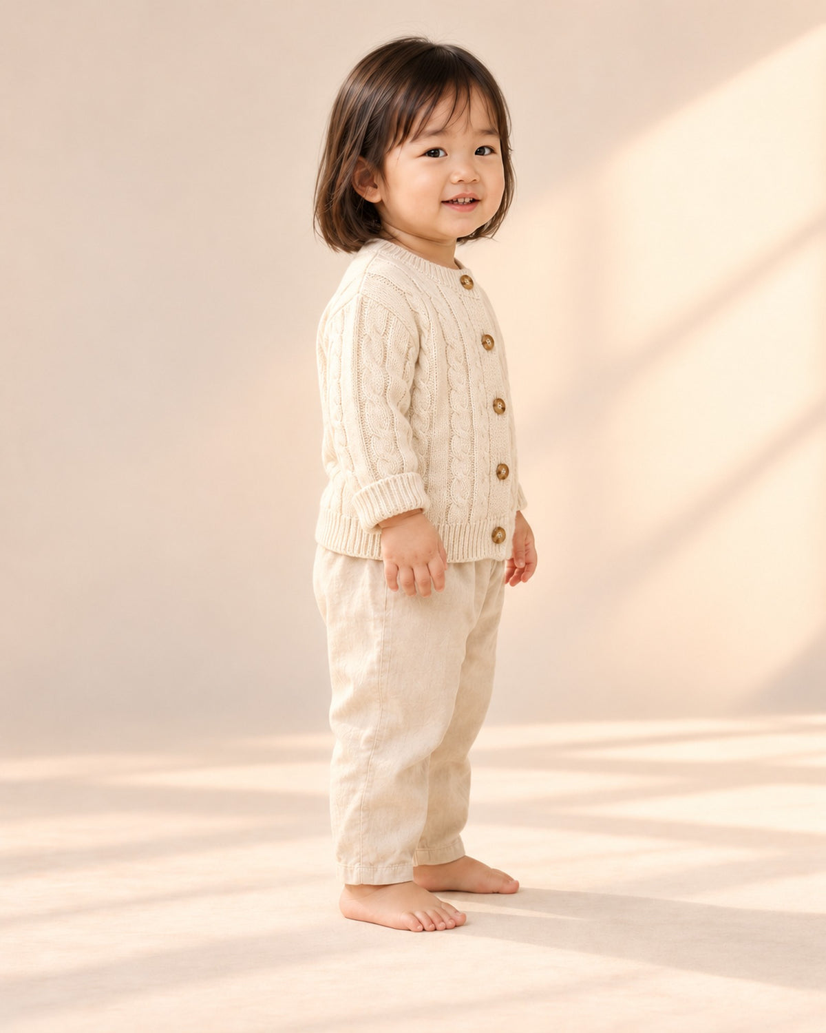 Side view of the cable knit cardigan sleeve and ribbed cuff with the cream pants – Cream