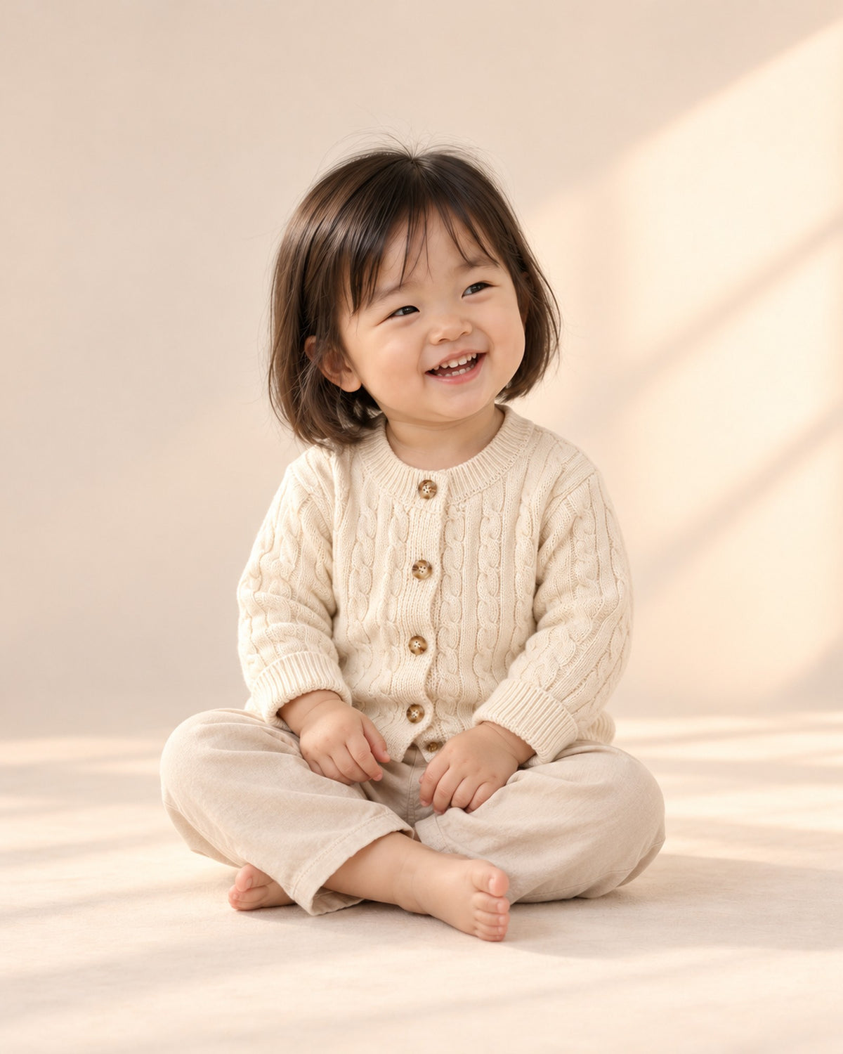 Baby in the cream cable cardigan and bloomer pants, head to toe – Cream