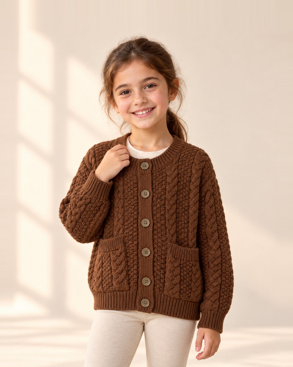 Girl smiling in the Eloise chocolate cable knit cardigan – Chocolate