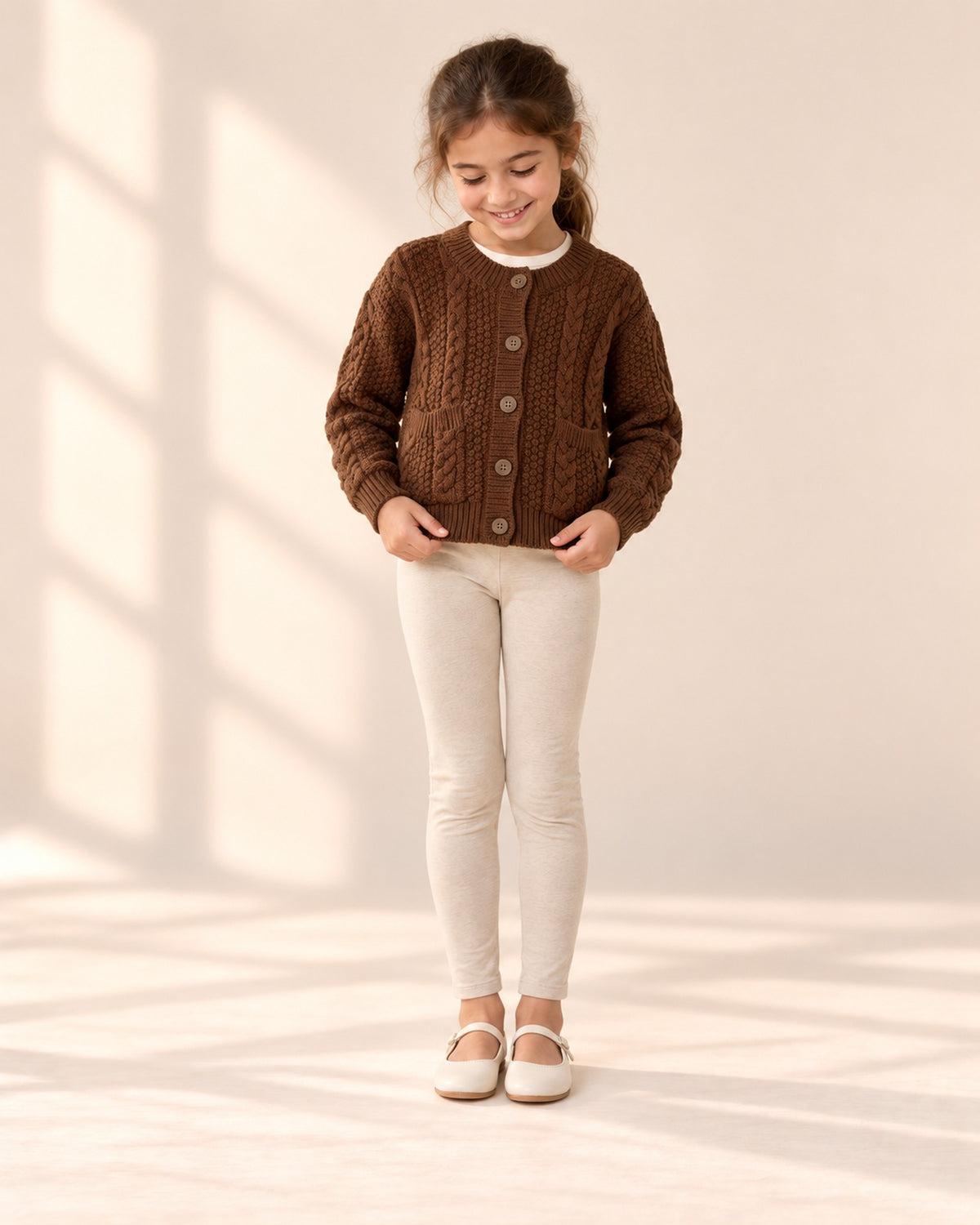Front view of the chocolate cardigan with patch pockets, full length – Chocolate