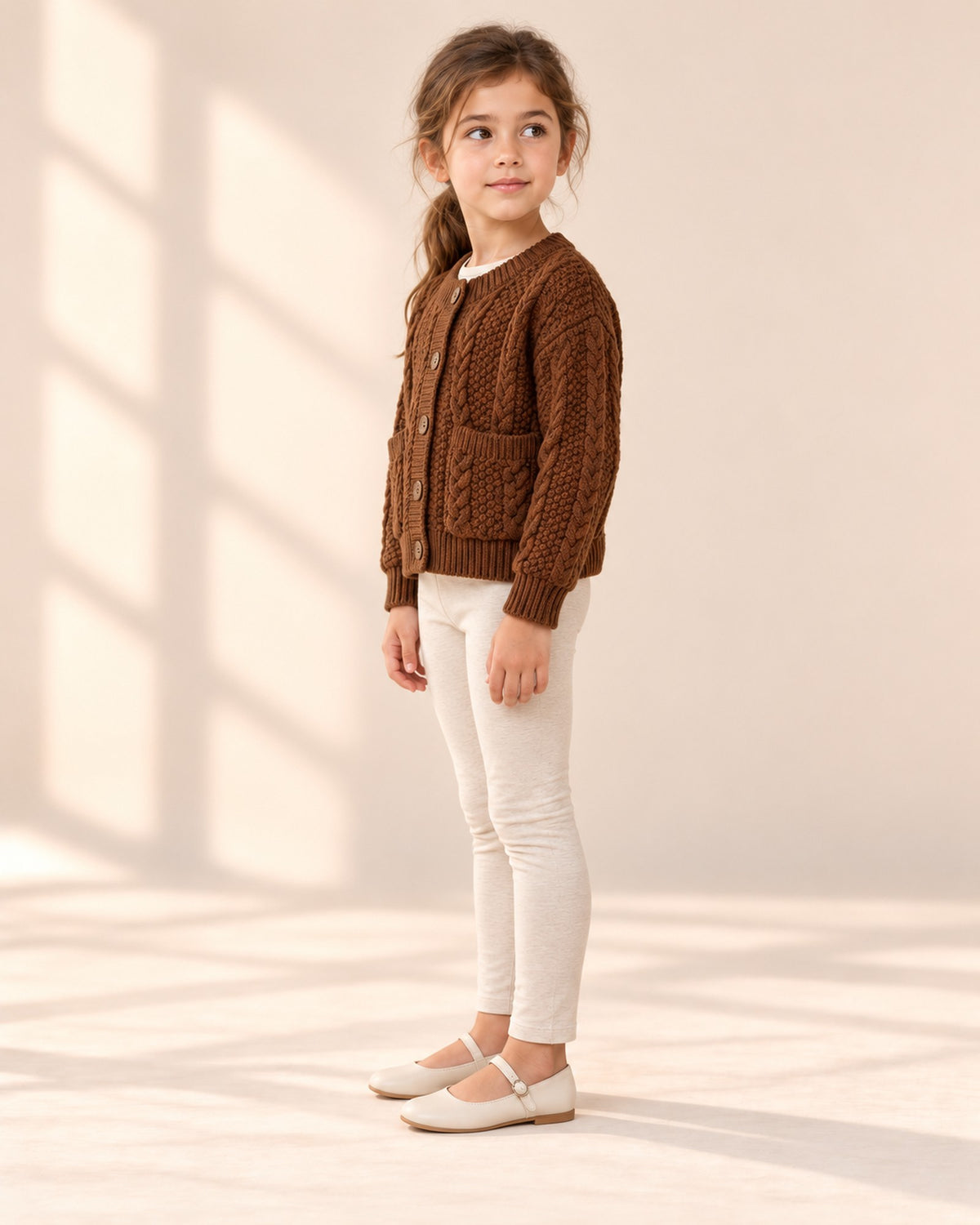 Side view of the chocolate cable knit cardigan – Chocolate