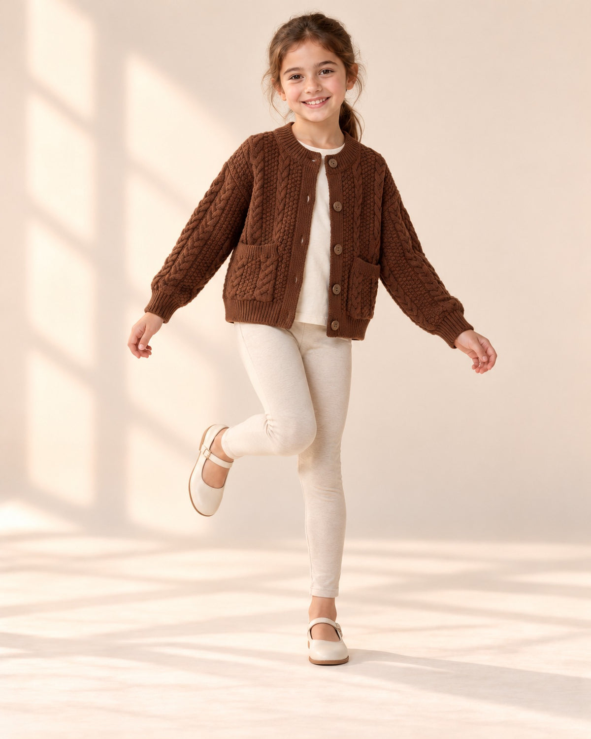 Girl playfully kicking up a foot in the brown cable cardigan – Chocolate