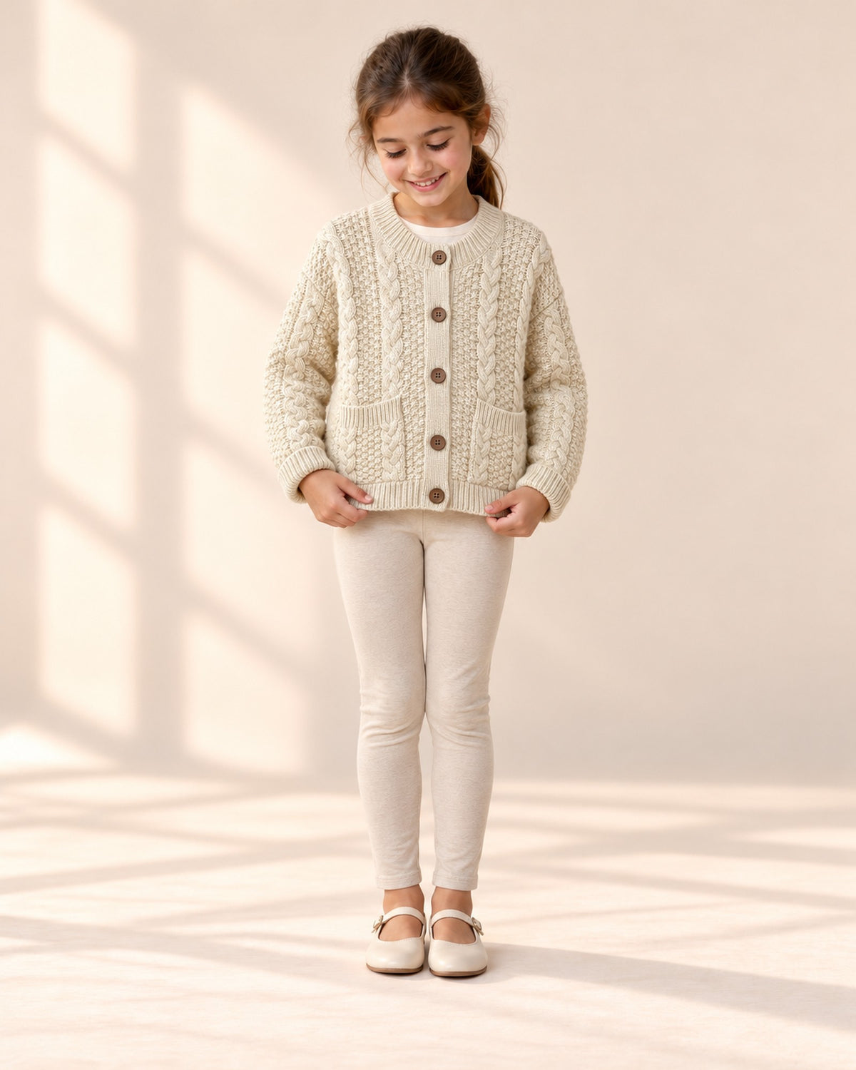Eloise Cable Knit Pocket Cardigan in Cream – full front view
