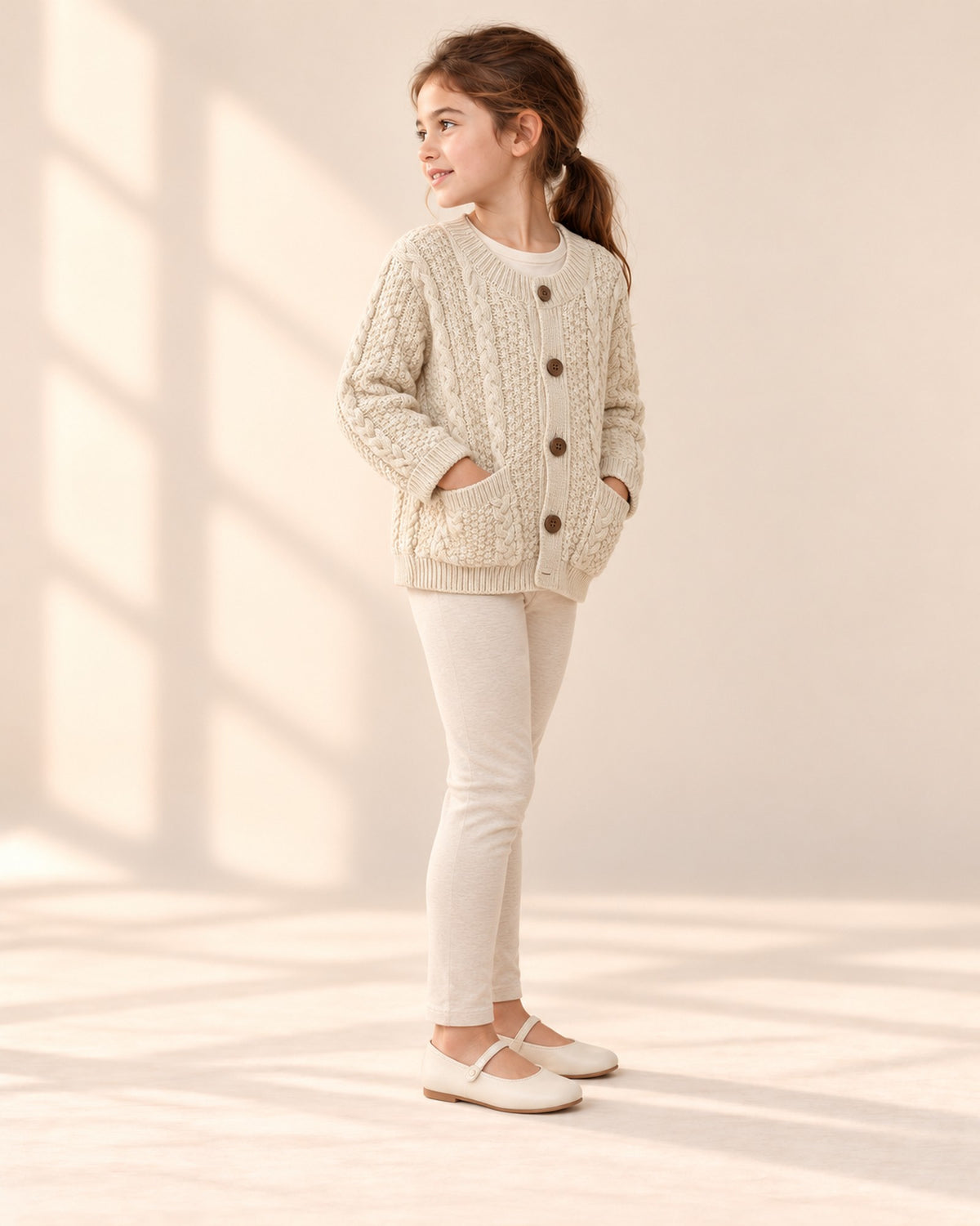 Eloise Cable Knit Pocket Cardigan in Cream – side view