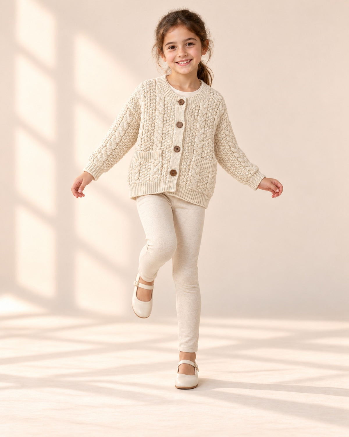Eloise Cable Knit Pocket Cardigan in Cream – natural pose