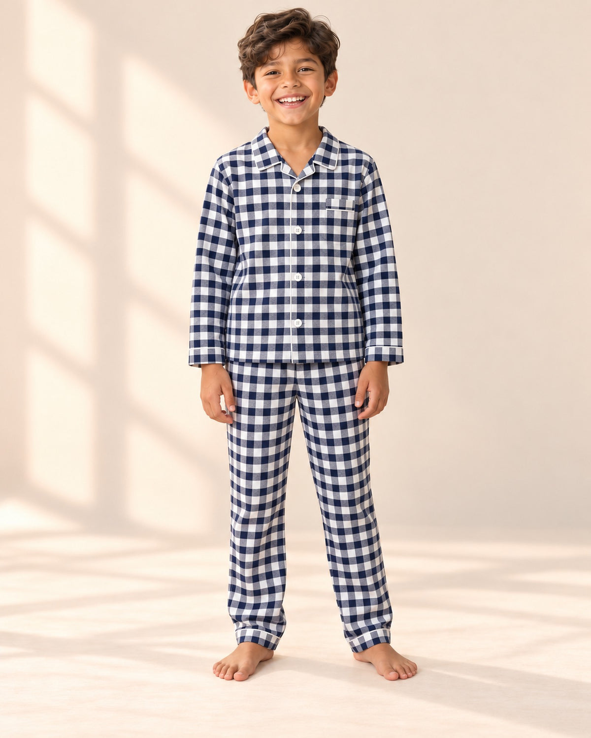 Gingham Flannel Pajama Set – full front view – Navy Gingham