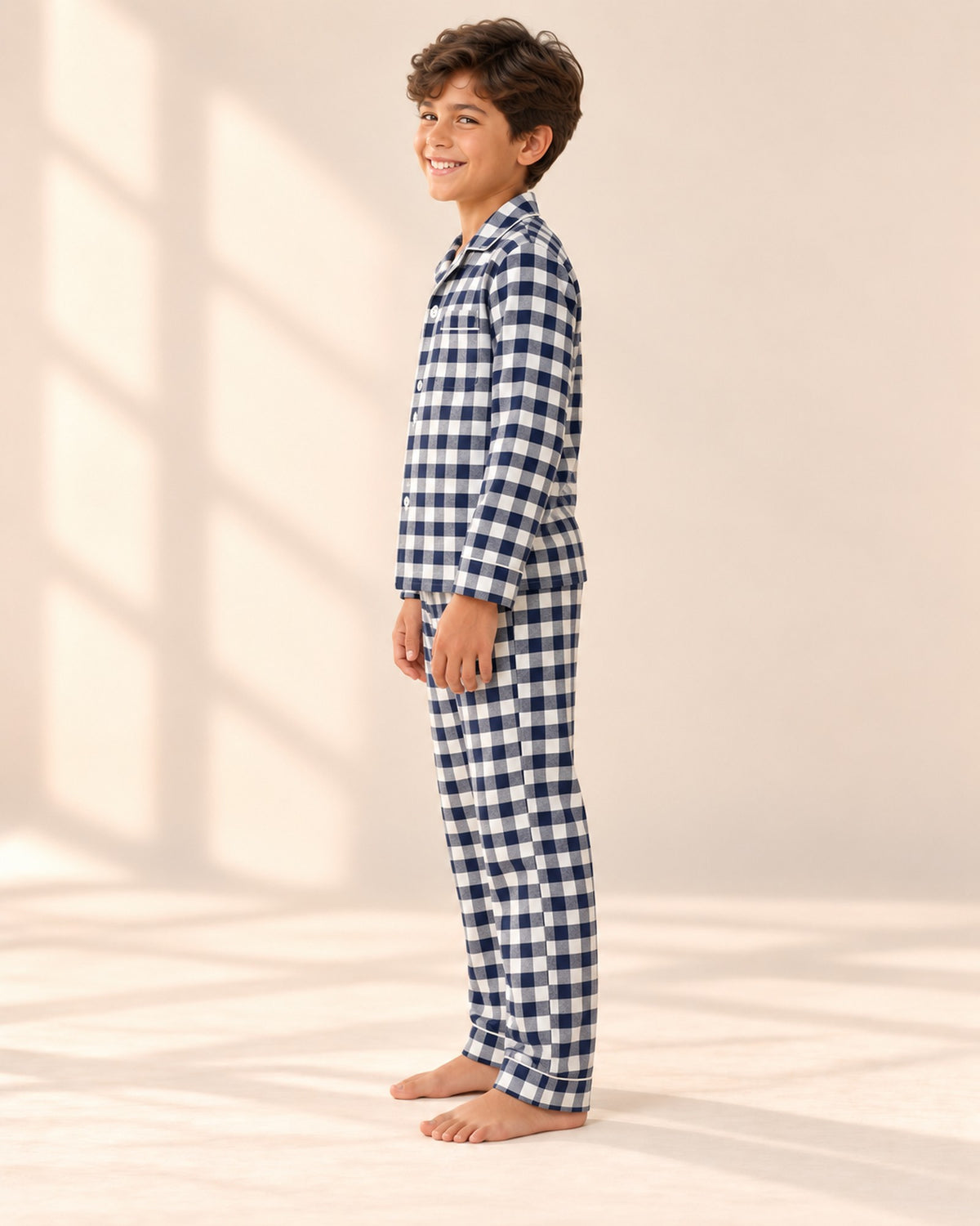 Gingham Flannel Pajama Set – side view – Navy Gingham
