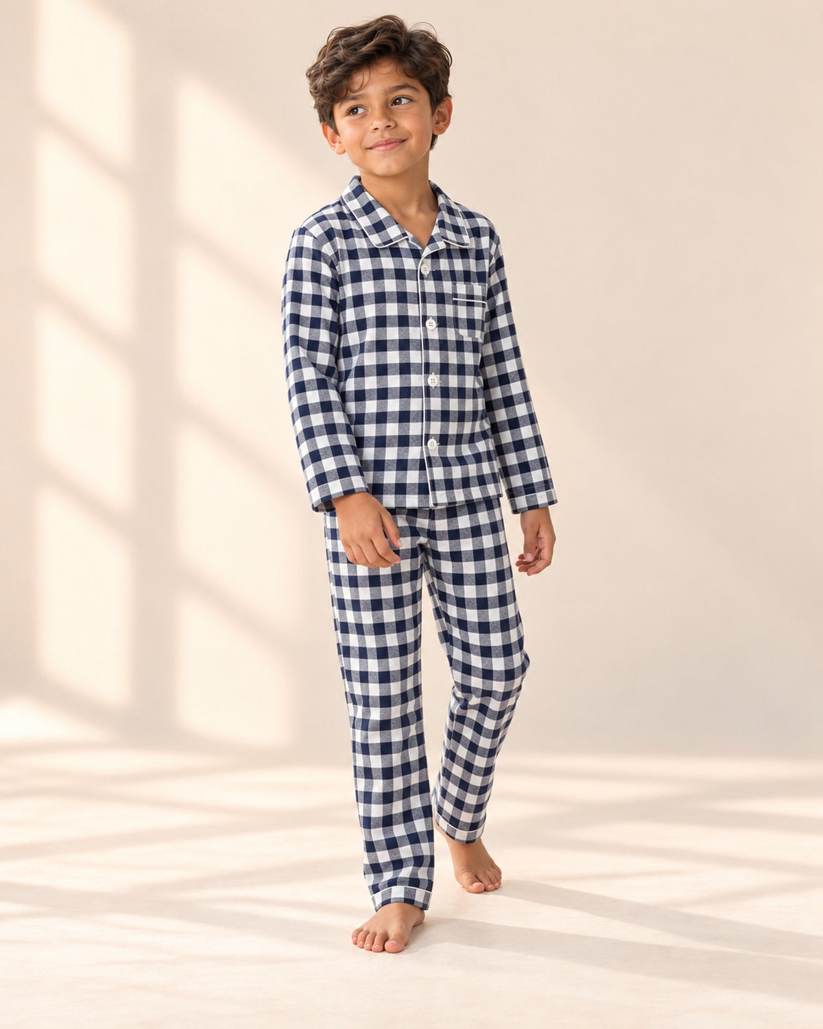 Gingham Flannel Pajama Set – natural pose – Navy Gingham