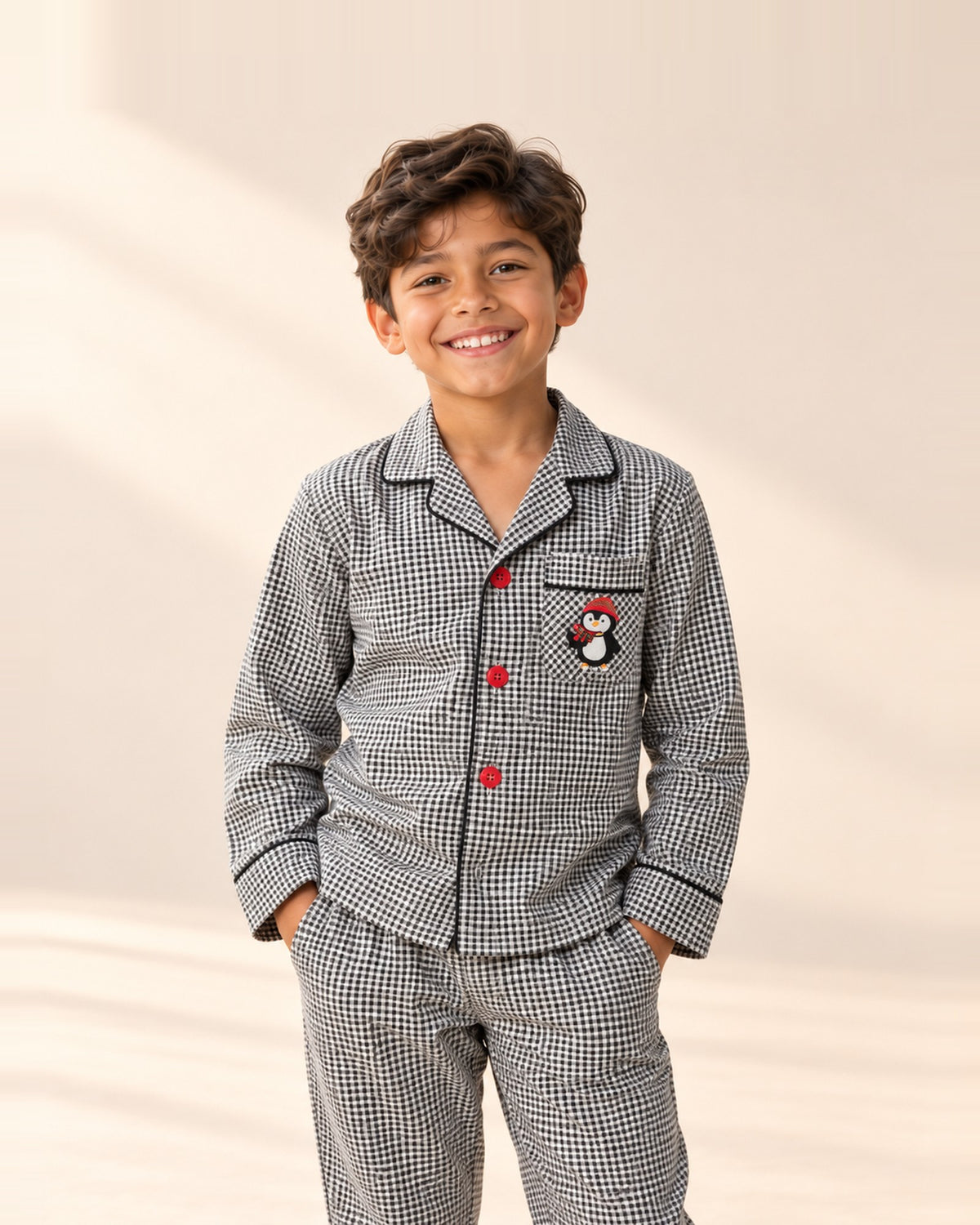Penguin Gingham Pajama Set – main – Grey Gingham