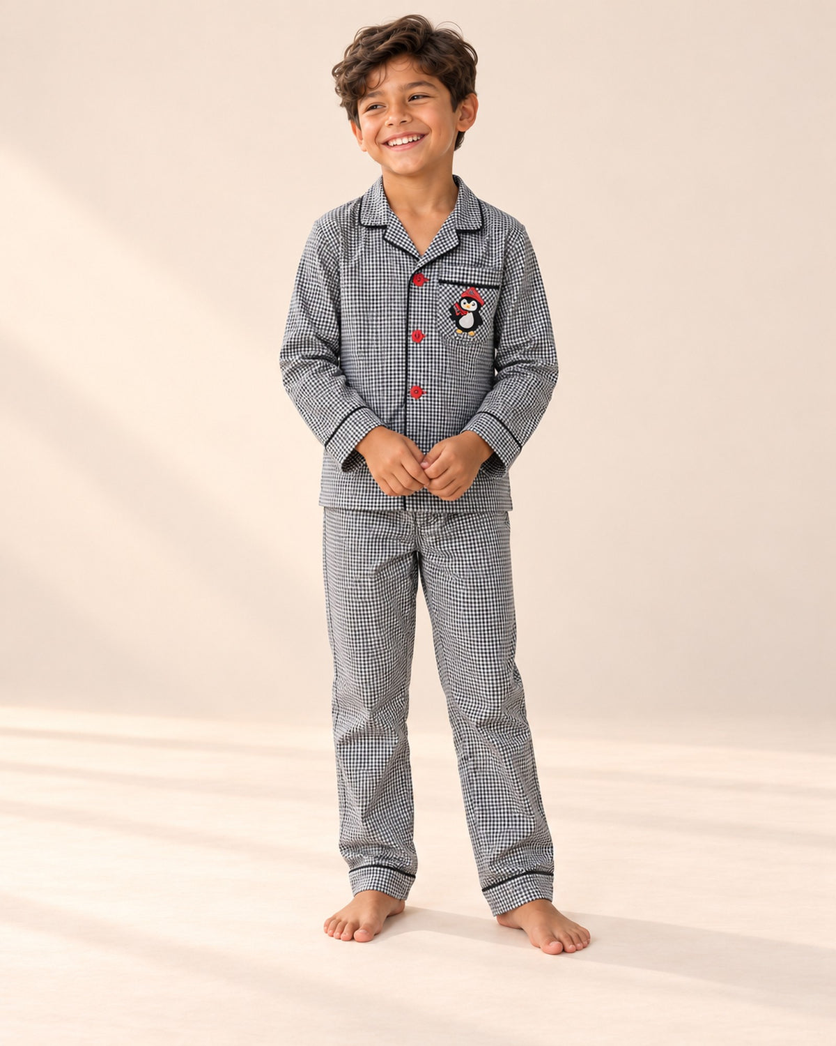 Penguin Gingham Pajama Set – full front view – Grey Gingham