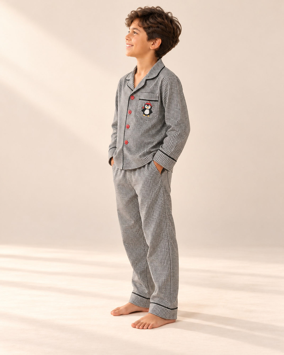 Penguin Gingham Pajama Set – side view – Grey Gingham