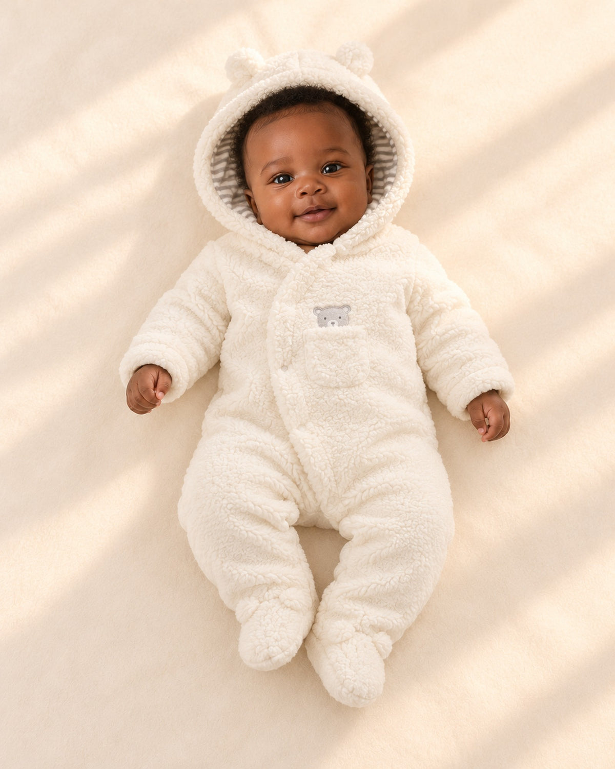Front view of the cream bear ear pram suit, full length – Cream